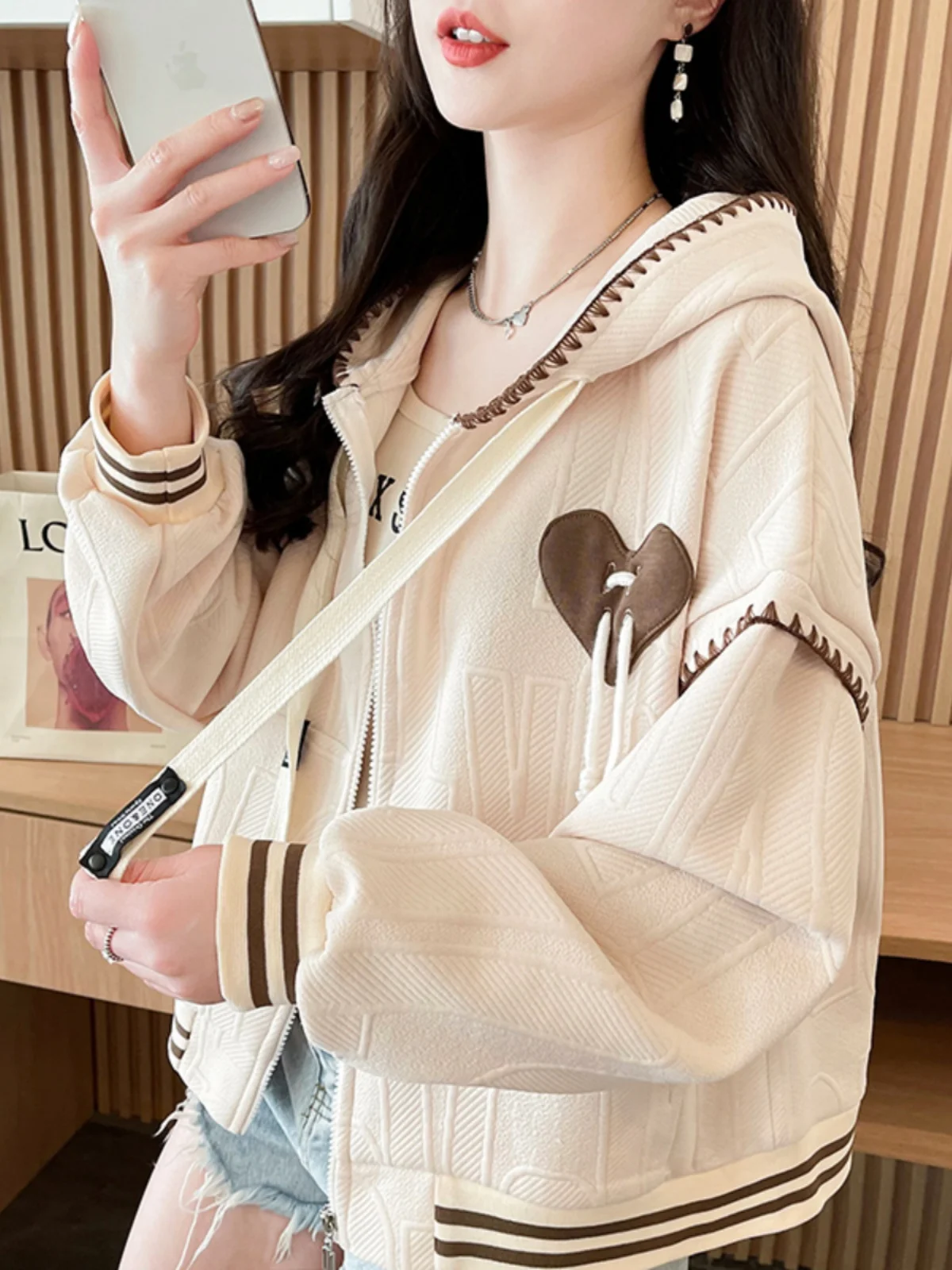 الحلو كلية نمط البيسبول موحدة سترة الفتيات أزياء ربيع الخريف خطوط فضفاضة القلب الرباط سترة هوديي معطف مقنع #1