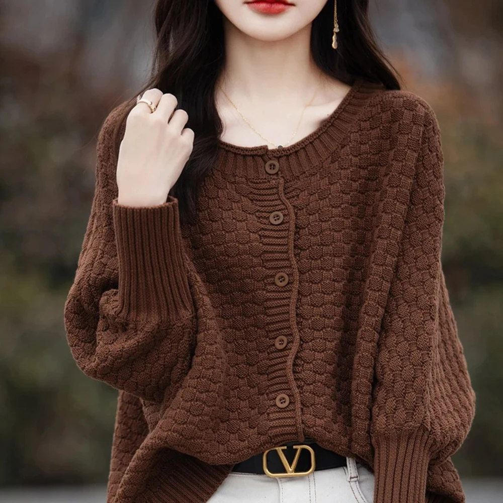 

Cotton Sweater Round Collar Bat Sleeve Cardigan Autumn Winter Checkerboard Grid Warm Jacket Casual Knit Basic Tops
