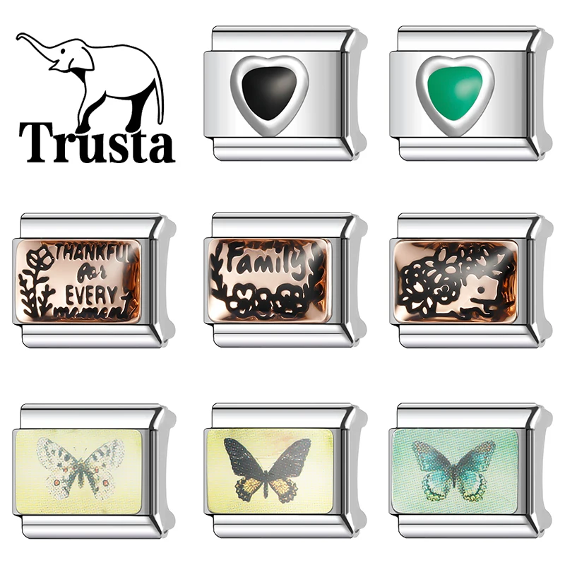Trusta 2025 New Colorful Butterfly Heart Family Charm Italian Link Fit 9mm Stainless Steel Bracelet Women Gift DIY Jewelry N447