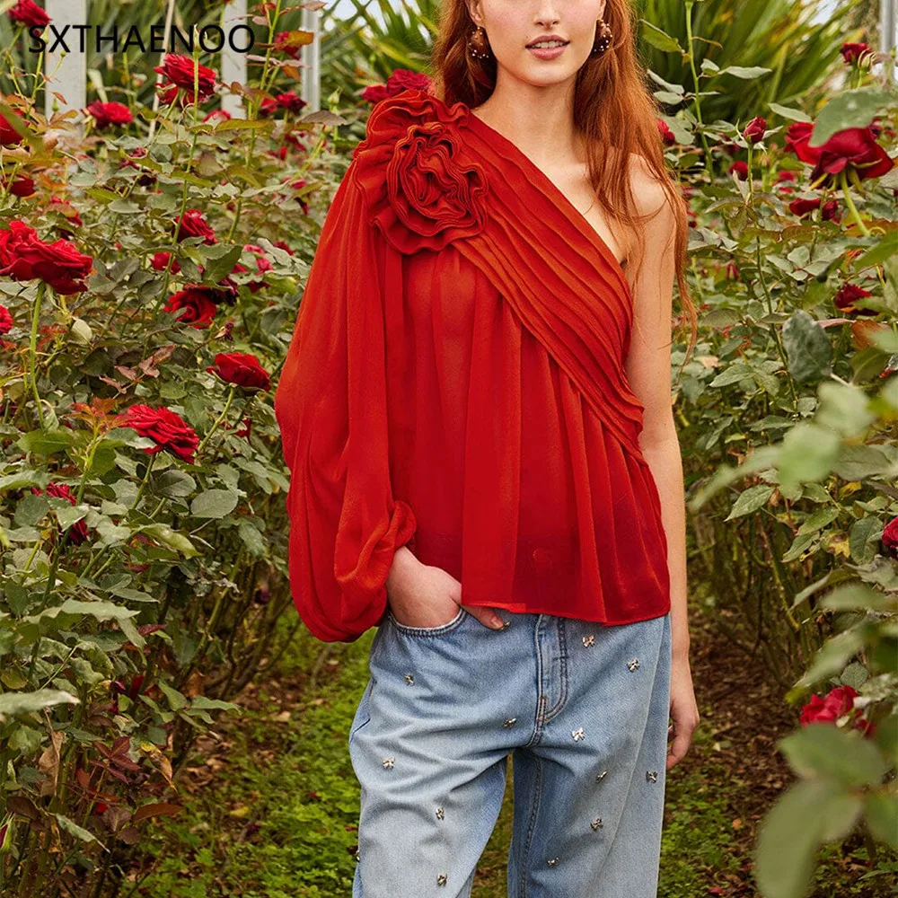 SXTHAENOO European and American Style 2025 New 3D Flower Splicing Single Shoulder Sleeve Solid Color Patchwork Shirt For Women