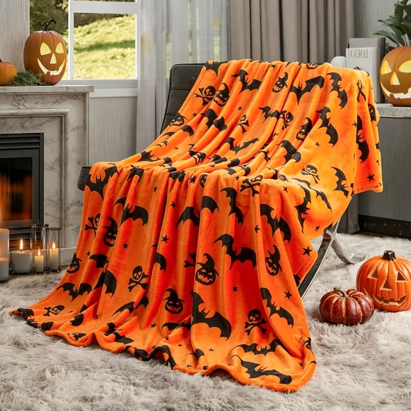 Halloween Plaid Throw Blanket Flannel Soft Warm Orange Black Bat Pumpkin Skull Decor for Couch Sofa Bedroom Home Gift