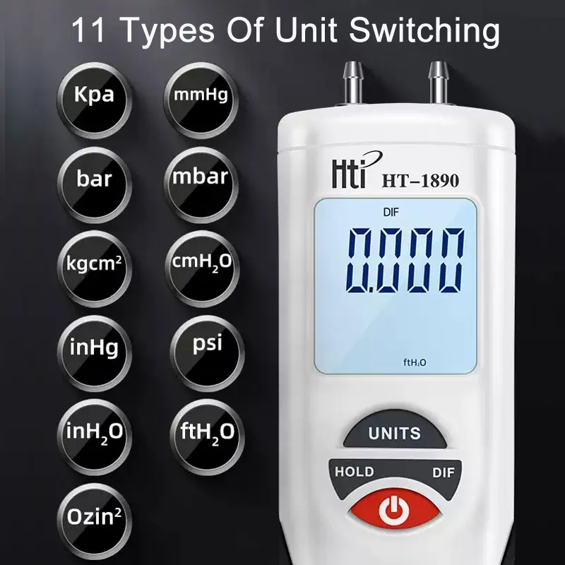HTI HT-1890 مقياس ضغط الغاز مقياس الضغط يده مقياس الضغط الرقمي البيانات عقد المزدوج ميناء مقياس ضغط الهواء HVAC الغاز اختبار متر