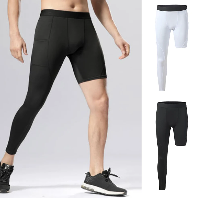 Men One Leg Compression Tights Pants Stretch Basketball Base Layer Tights Sport Running Trousers With Pockets Fitness Training