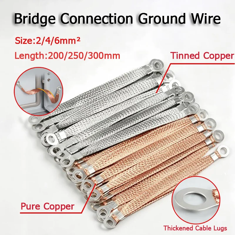 Sq 2.5/4/6mm Red Copper/Tinned Pure Copper Bridge Grounding Lead Wire, Braided Flexible Ground Connection Jumper Cable, 8mm Hole