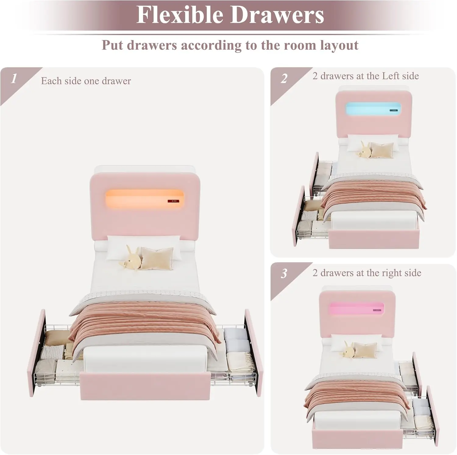 저장 헤드보드가 있는 핑크 트윈 LED 침대 프레임, 서랍 2개, USB 포트, 벨벳, 박스 스프링 필요 없음