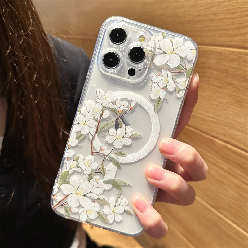 Transparent With Magsafe Magnetic Flower Branch Case For iPhone 17 16 13 12 14 15 11 Pro Max Plus Wireless Charge Cover Funda