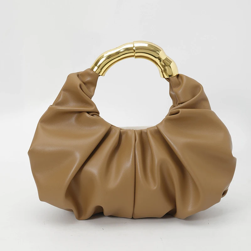 

Designer Pleated Cloud Bag Fashion Round Handbag Luxury Metal Handle Clutch Bag Pu Leather Lady Bag Trend Evening Party Purse