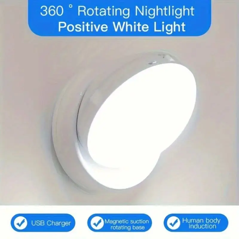 

360 ° Rotating Motion Sensor LED Night Light USB Rechargeable Cabinet Light Suitable for Bedrooms Kitchens and Corridors