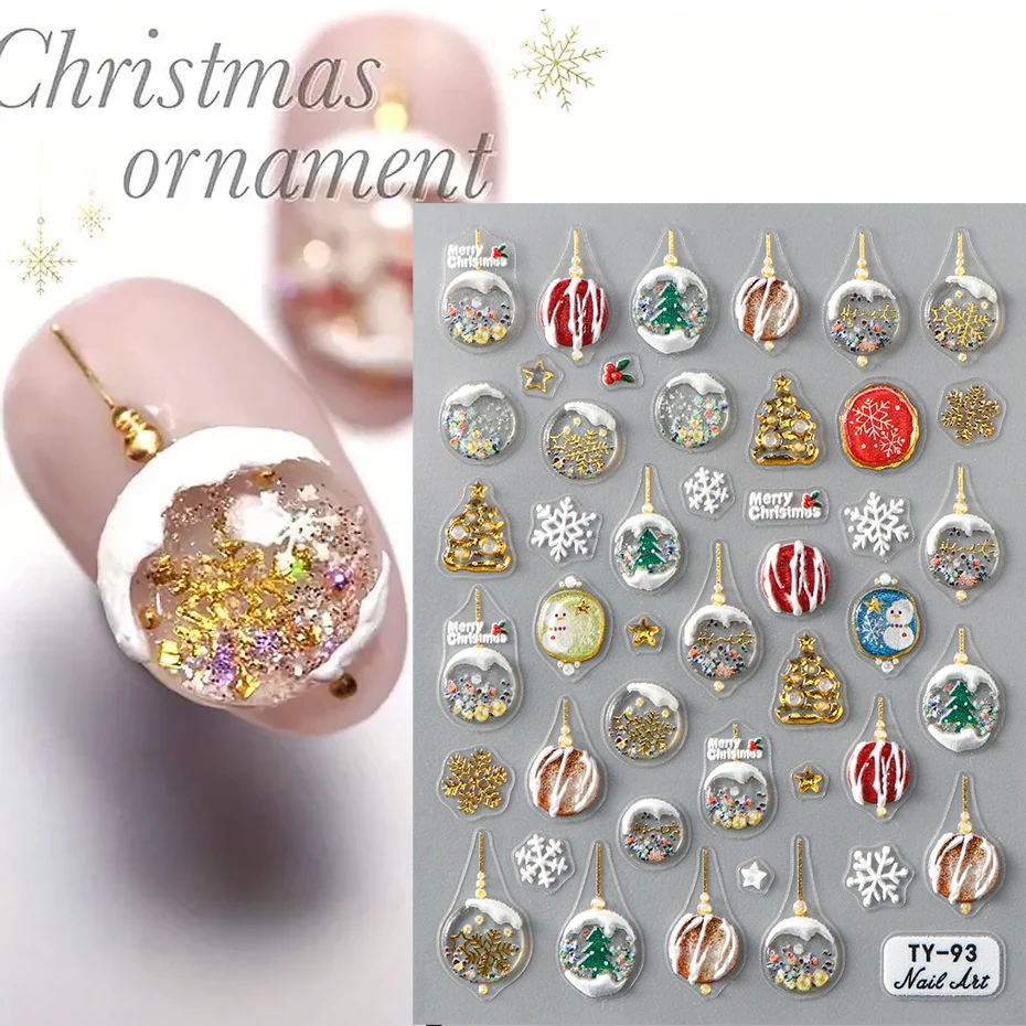 5D Christmas Nail Art Sticker Jelly Embossed Crystal Bulb Snowflake Tree Winter Xmas Nail Decal DIY Engraved Manicure Decoration