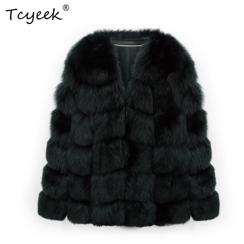 Tcyeek Wool Autumn Winter High End Trendy V-neck Black Fox Fur Medium Long Women's Wool Shearling Fur Coat Fourrures Femme
