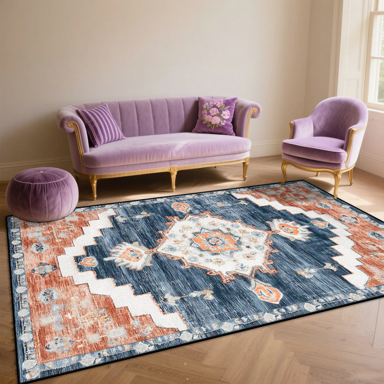 Persian Blue Living Room Rugs Flannel Decoration Bedroom Anti Slip Floor Mats Customizable Lounge Carpet Washable Gaming Room