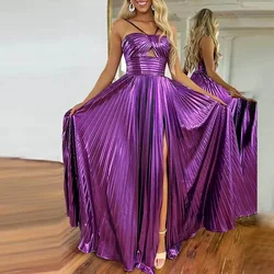 Sexy Hollow Out Backless Pleated Party Evening Dresses Women Elegant Hanging Neck Sleeveless Waist Vent Maxi Dress New Vacation