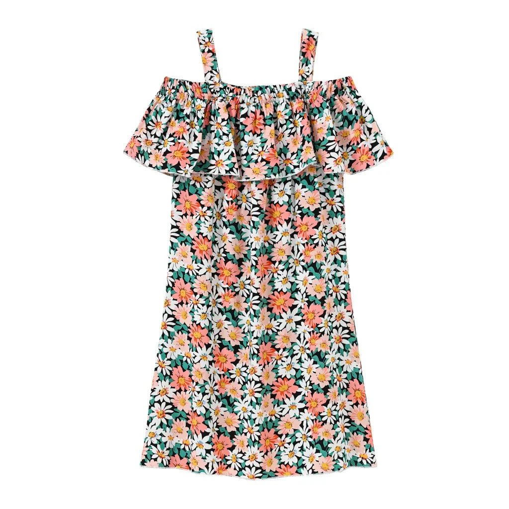 New Girls Summer Fashion Off Shoulder Ruffled Strappy Dress Cartoon Floral Print Casual Sundress Casual Beach Vacation Dresses