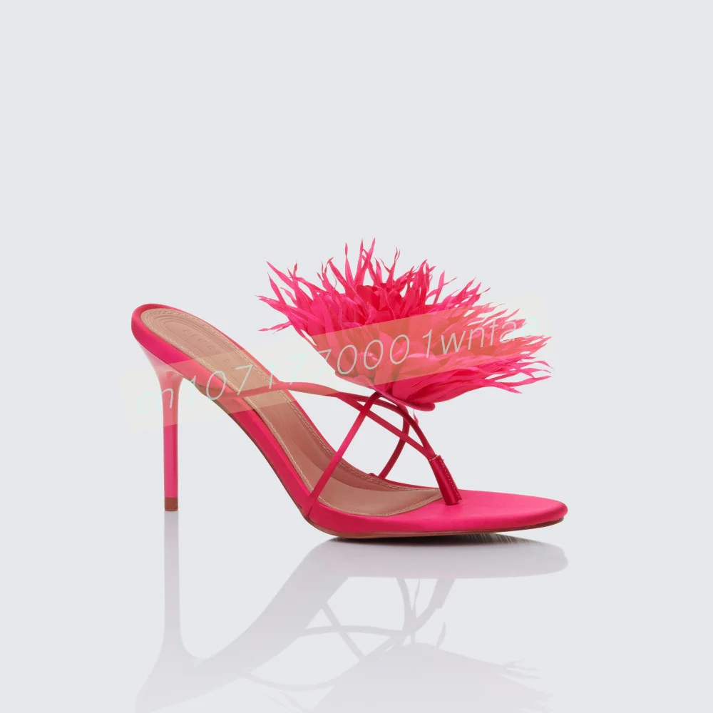 High Heel Slippers Hot Pink Satin Feather Thong Mules Square Toe Cross Strap Stiletto Slides Women Summer Party Dress Footwear
