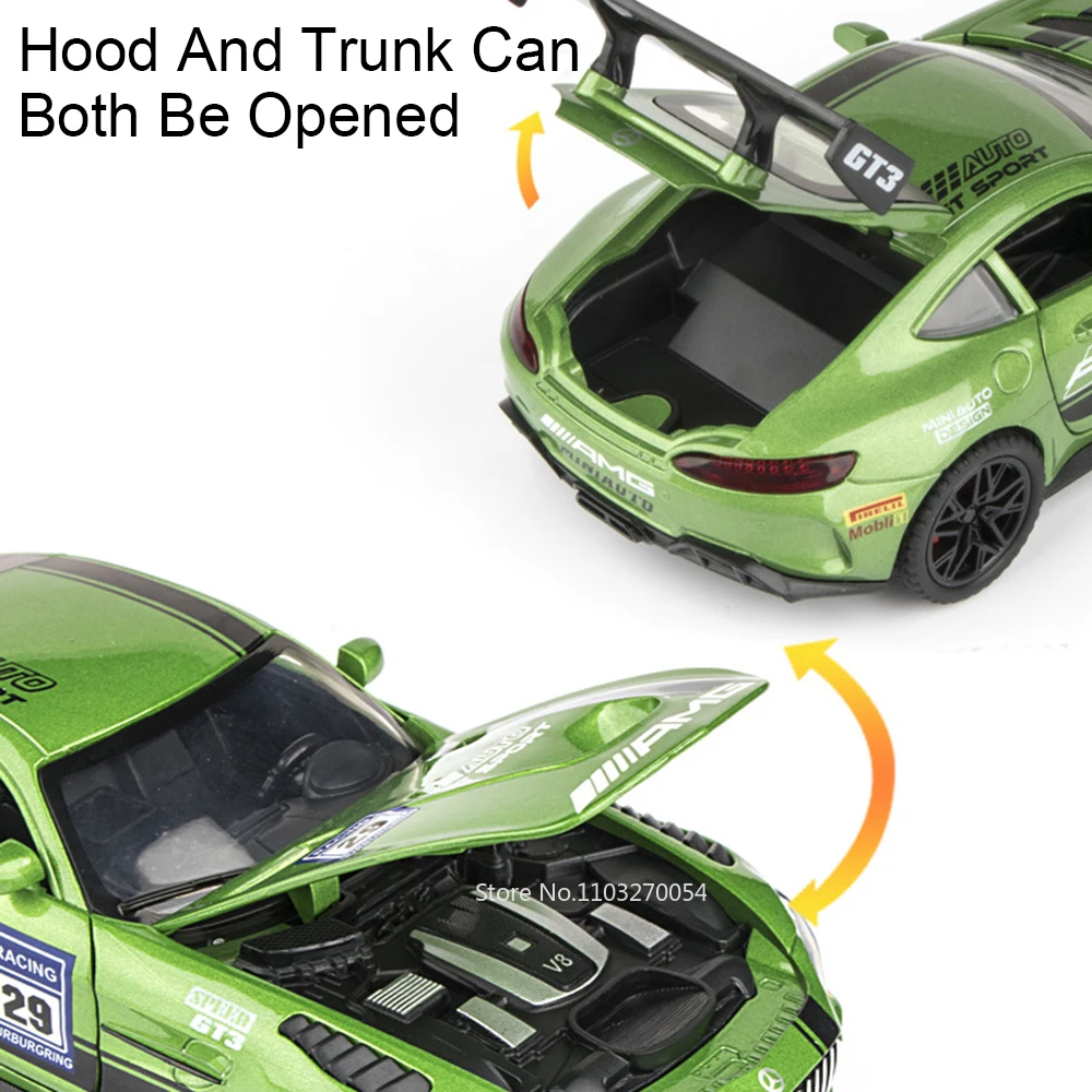 Supercoche de aleación GTR GT3 1:24, coches de policía fundidos a presión, modelo de juguetes, sonido, luz, extraíble, 4 puertas, vehículo en miniatura abierto, regalos para niños