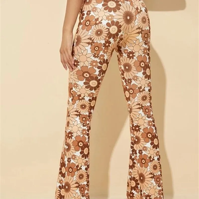 

Sexy Floral Print Bell Bottom Pants Women's All over Floral Casual Trousers Summer Hot Sale Cross-Border Natural Waist Wide L...