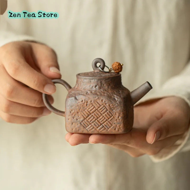 Old Rock Clay Handmade Teapot Retro Coarse Pottery Small Capacity Four Square Pot Home High-end Ceramic Tea Infuser