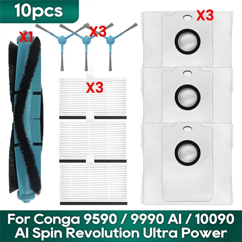 MLGB-For Cecotec Conga 9590 9990 AI 10090 AI Spin Revolution Ultra Power Home Main Side Brush Hepa Filter Dust Bag Spare Part