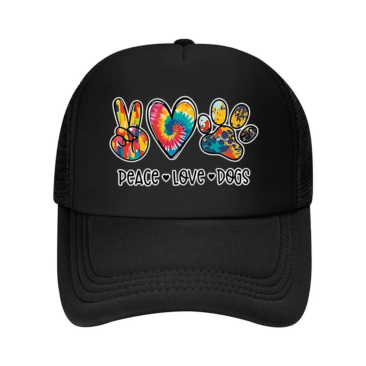 Vibrant Peace, Love & Dogs Print Cap Curved Brim Casual Unisex Hat for Outdoor Adventures All-Season 2026 Mesh Baseball Cap