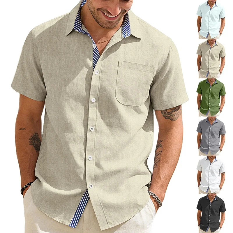 

New Men's Cotton Linen Pocket T-Shirt Standard Fit Short Sleeve CleanFit Citywalk Summer Lightweight Button up Striped Shirt