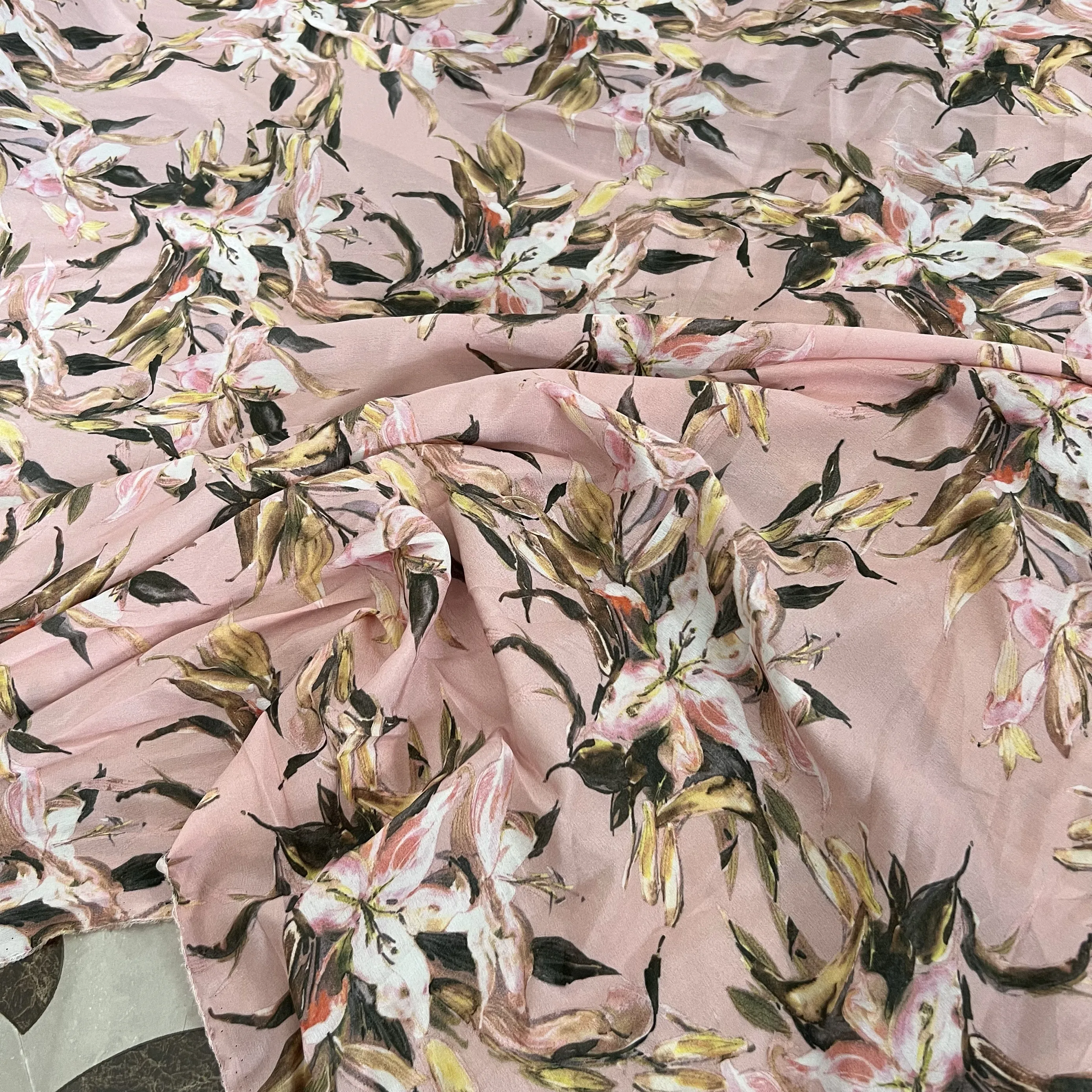 1 meter 100% Mulberry Silk 15 momme Crepe Silk Fabric Pink Lily Floral Printed 138cm 54