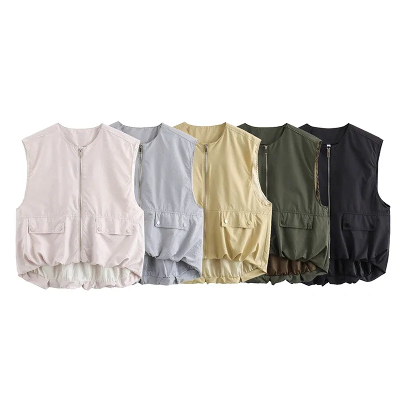 

Женский стеганый жилет цвета хаки с круглым вырезом и складным подолом, жилет без рукавов с двойными карманами для женщин, повседневное удобное свободное однотонное пальто