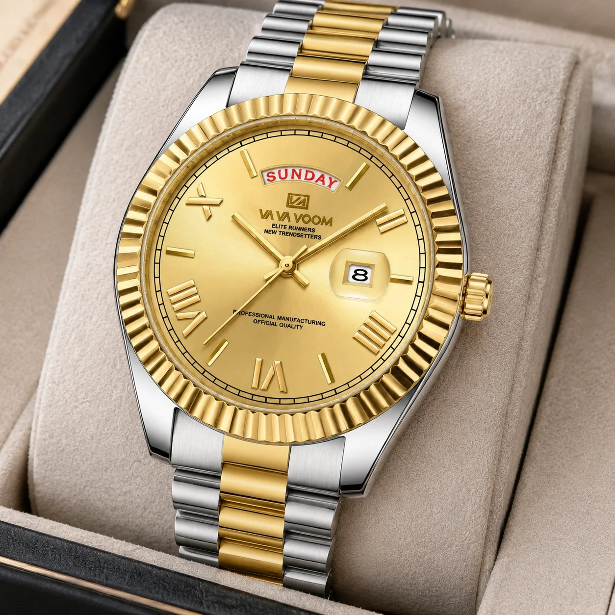 Men's trendy watches, three-dimensional Roman hour markers, week calendar timing, business and leisure watches