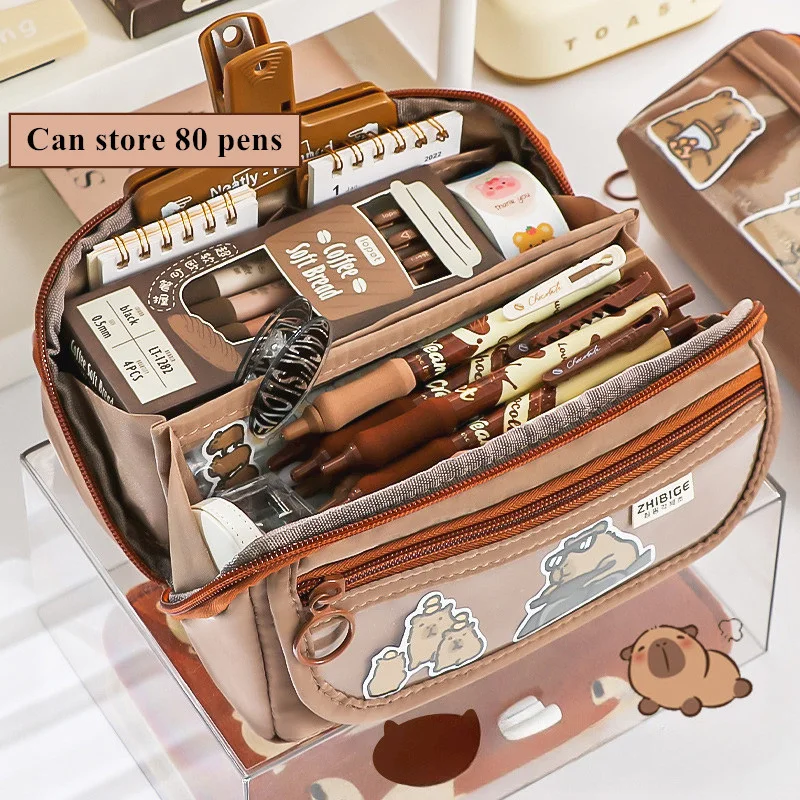 180° Large Opening Pencil Case Can Be Placed Flat on The Desktop Student Coffee Black Pen Bags Stationery Organizer Pencil Pouch