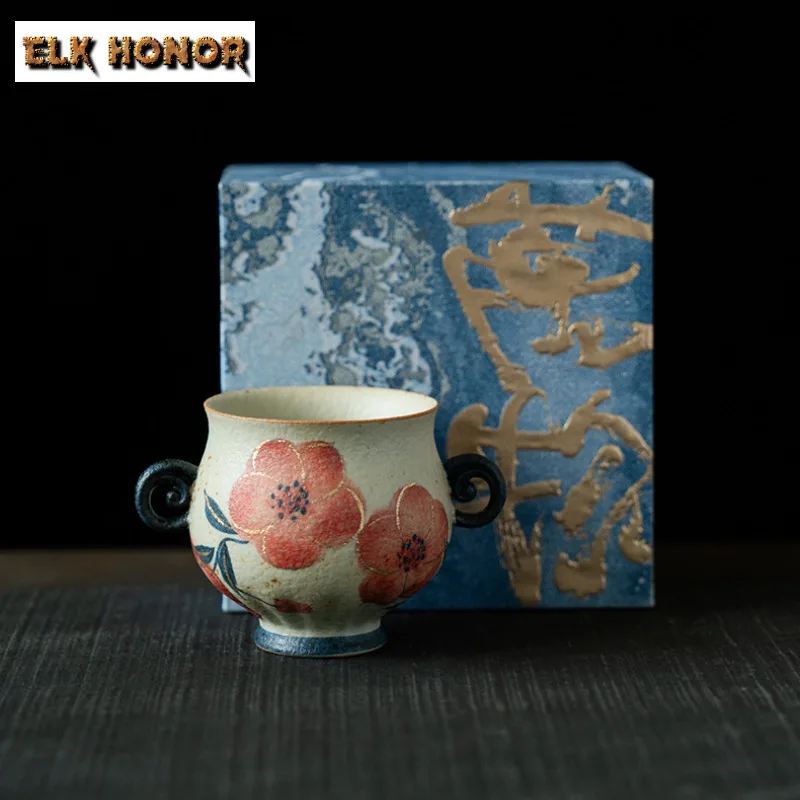 

125ML Hand-painted Peach Blossom High Foot Teacup Vintage Tea Bowl Jug Tea-tasting Meditation Cup Chazhan Master Cups For Tea