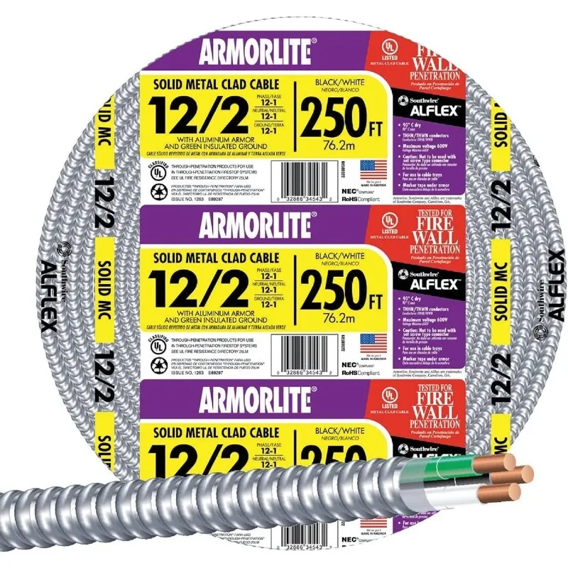 Southwire 68580055 250 ft 12/2 solid CU MC Lite Cable, Aluminum