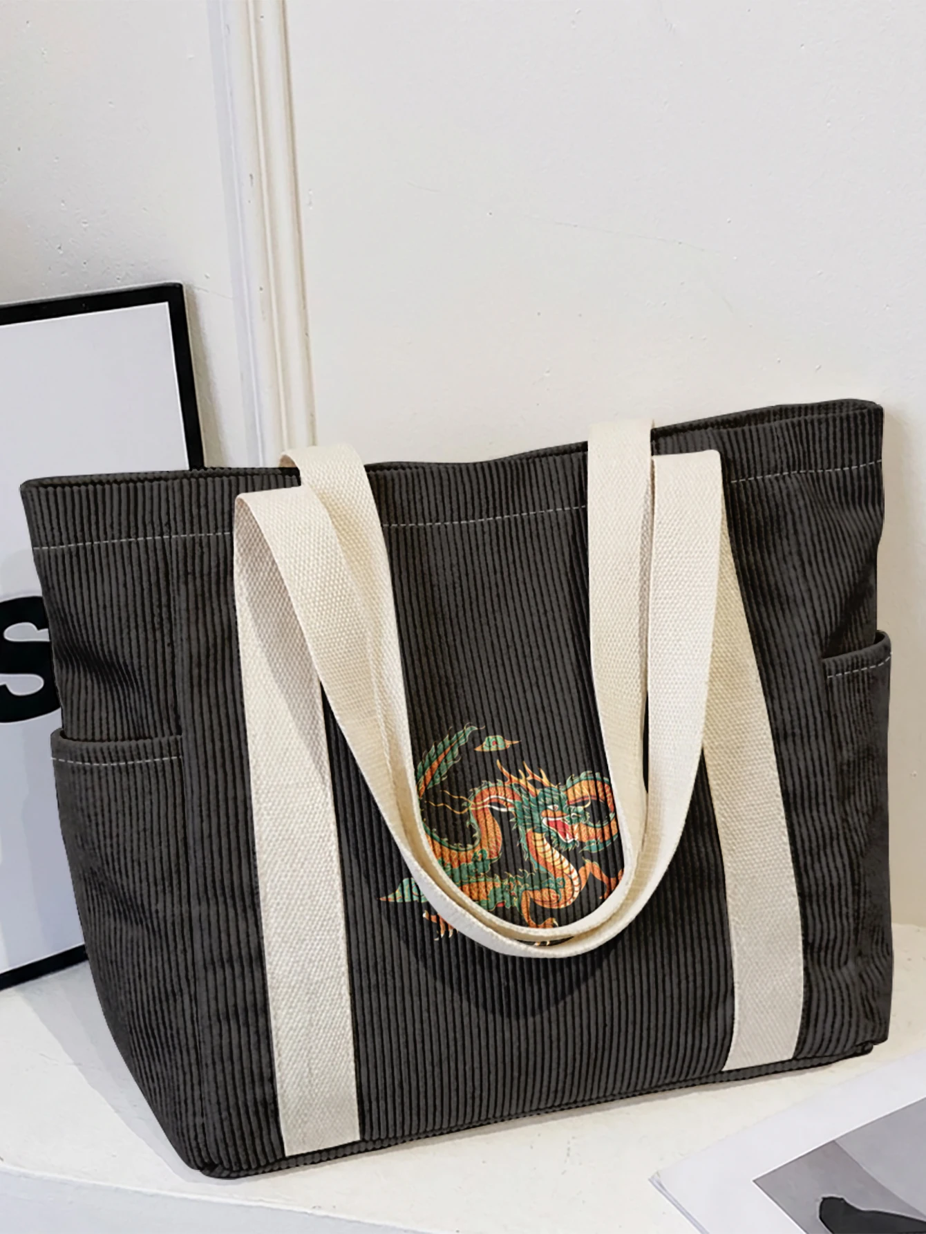 Dragon Print Corduroy Tote Bag Large Capacity Multi Pockets Shoulder Handbag For School Shopping Daily Use