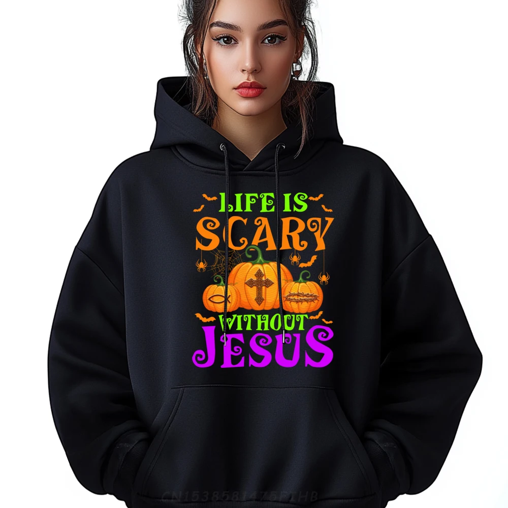 

Life Is Scary Without Jesus Christian Halloween Designer Clothes Men Vintage Mardi Gras Man Sweatshirts