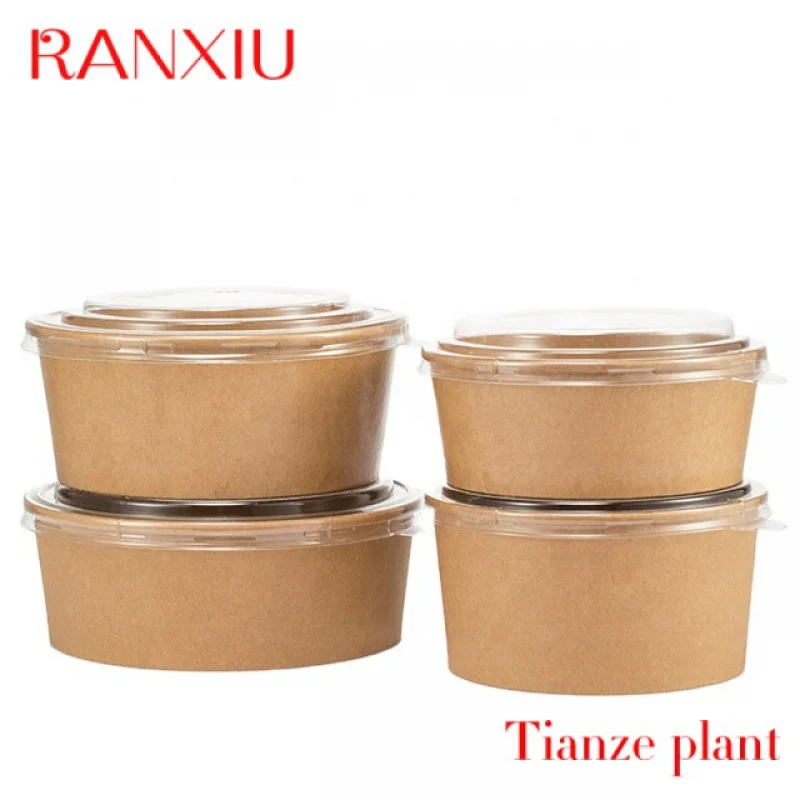 100% Eco Friendly biodegradabile imballaggio alimentare tazza ciotola PLA PE rivestimento usa e getta marrone rotondo insalatiera in carta Kraft con coperchio