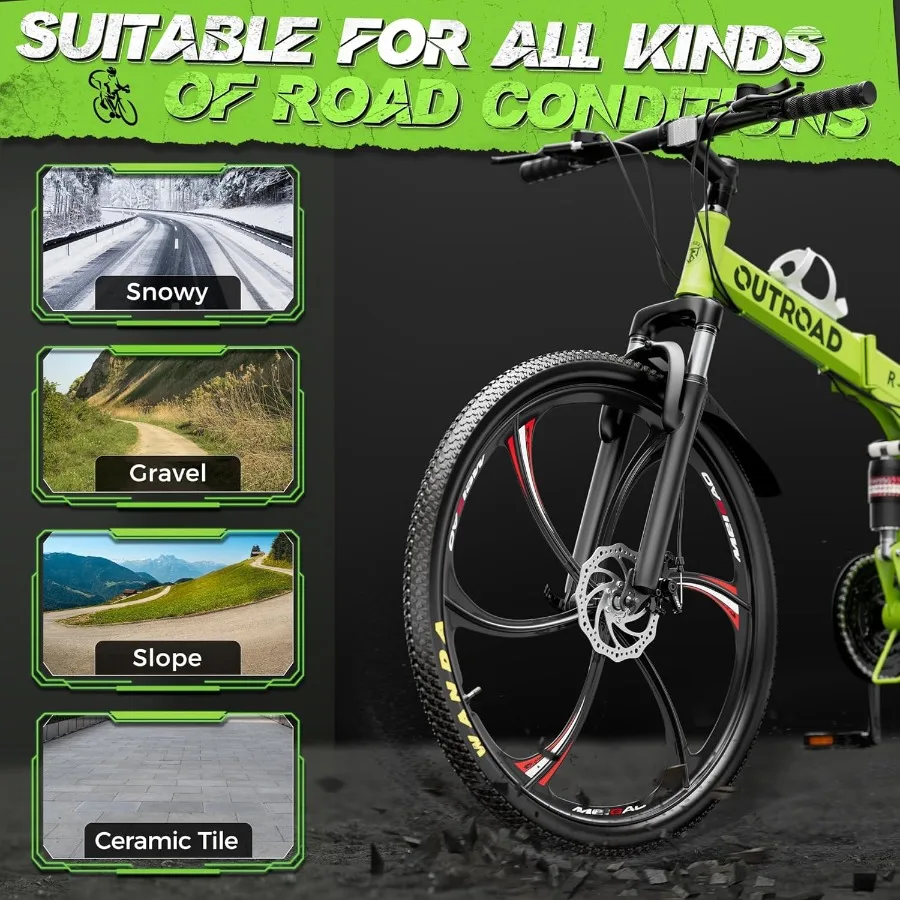 26 بوصة دراجة جبلية 21 سرعة تعليق كامل دراجة قابلة للطي مع فرامل قرصية مزدوجة للبالغين إطار فولاذي عالي الكربون مرحل سريع