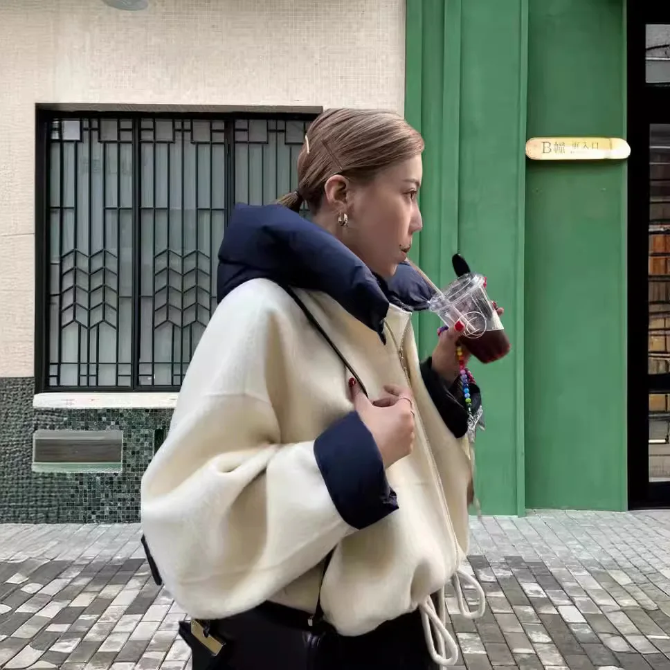 

Double-Faced Woolen ort Coat with Hood Detachable Loose Women's Faion Outerwear Spring Season Zipper Closure Pure Color