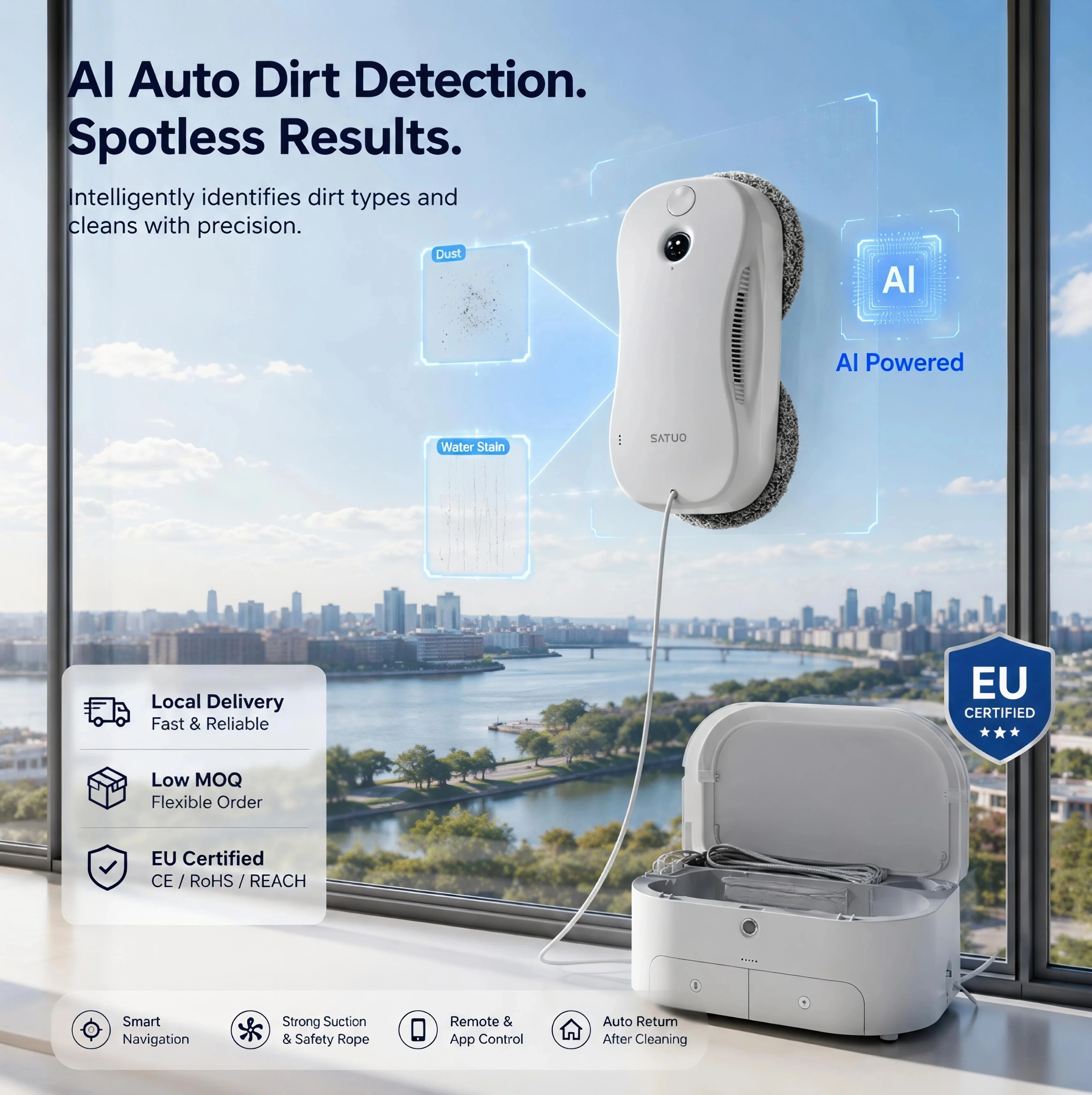 AI Smart Window Cleaning Robot Auto Stain Recognition For Large Panoramic Glass With Integrated Storage Support Local Delivery