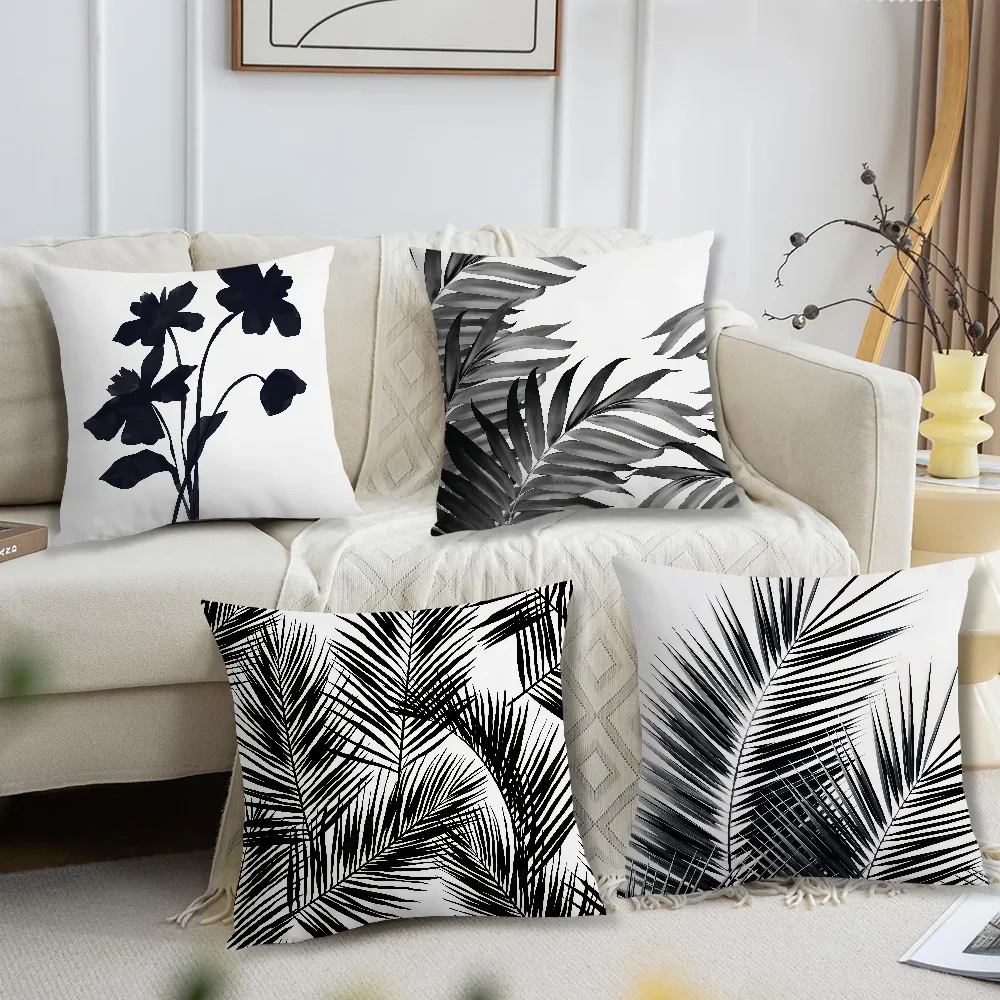 Plant Soft Fashion Pillow Leaf Case for White Sofa Living Room Home Office Decor Protective Black Covers Without Pillow-Insert