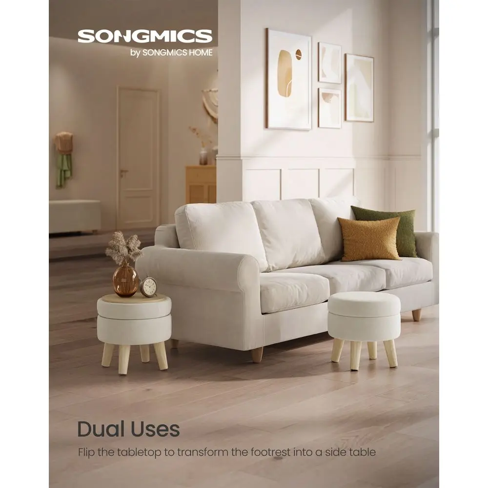 

Storage Ottoman, Foot Stool, Round Ottoman With Padded Seat, Foot Rest With Wood Legs, Small Table, For Hallway, Living Room, 1