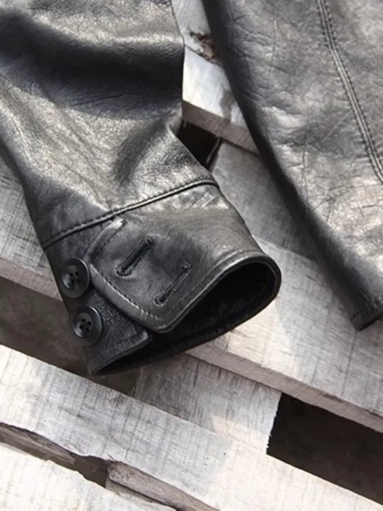 Punk Mens Genuine Leather Jacket Vintage Single Breasted Slim Fit Spring Motorcycle Coat Long Sleeve Cargo Work Male Outerwear