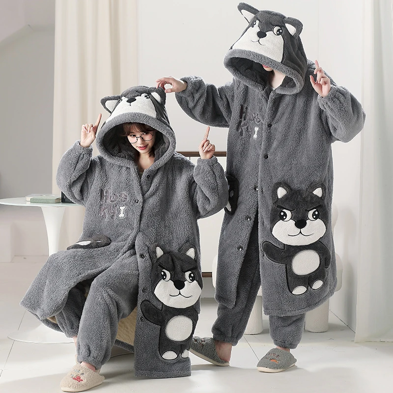 Pijama de Cachorro Kigurumis para Homens e Mulheres, Camisola Grossa Quente, Robe Longo Coral Fleece, Camisola Kawaii com capuz, Pijama Adulto, Inverno