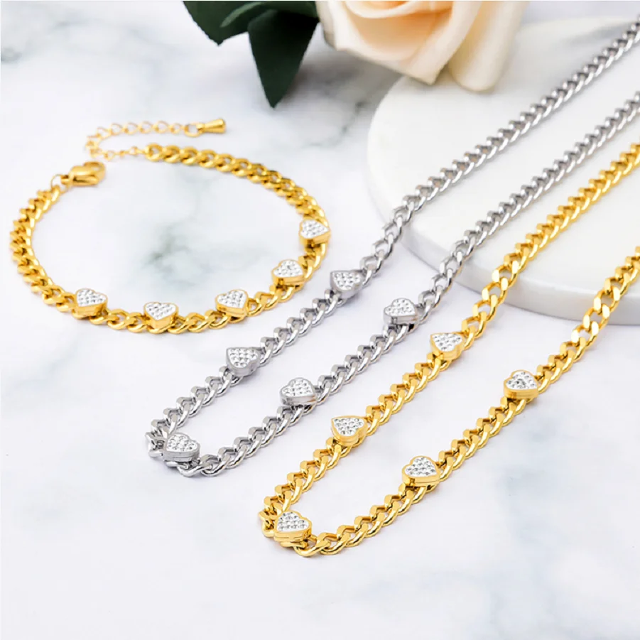 316L Stainless Steel New Fashion Upscale Jewelry Zircon Soldering Heart Charms Chain Choker Necklaces Pendant Bracelet For Women