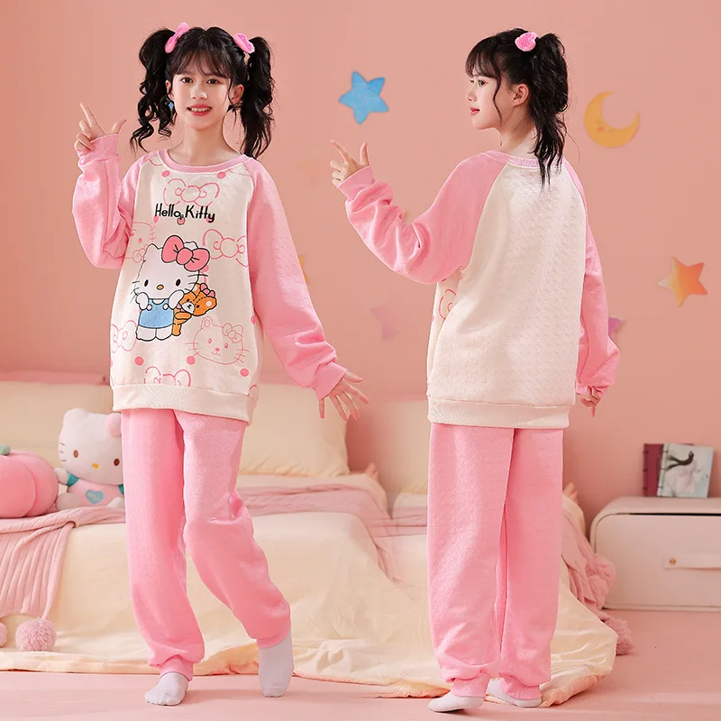 

Hot Sanrio Girl Pajama Set Hello Kitty Kawaii Anime Fashion Winter Student Keep Warm Tops Pants 2-Piece Set Children's Clothing