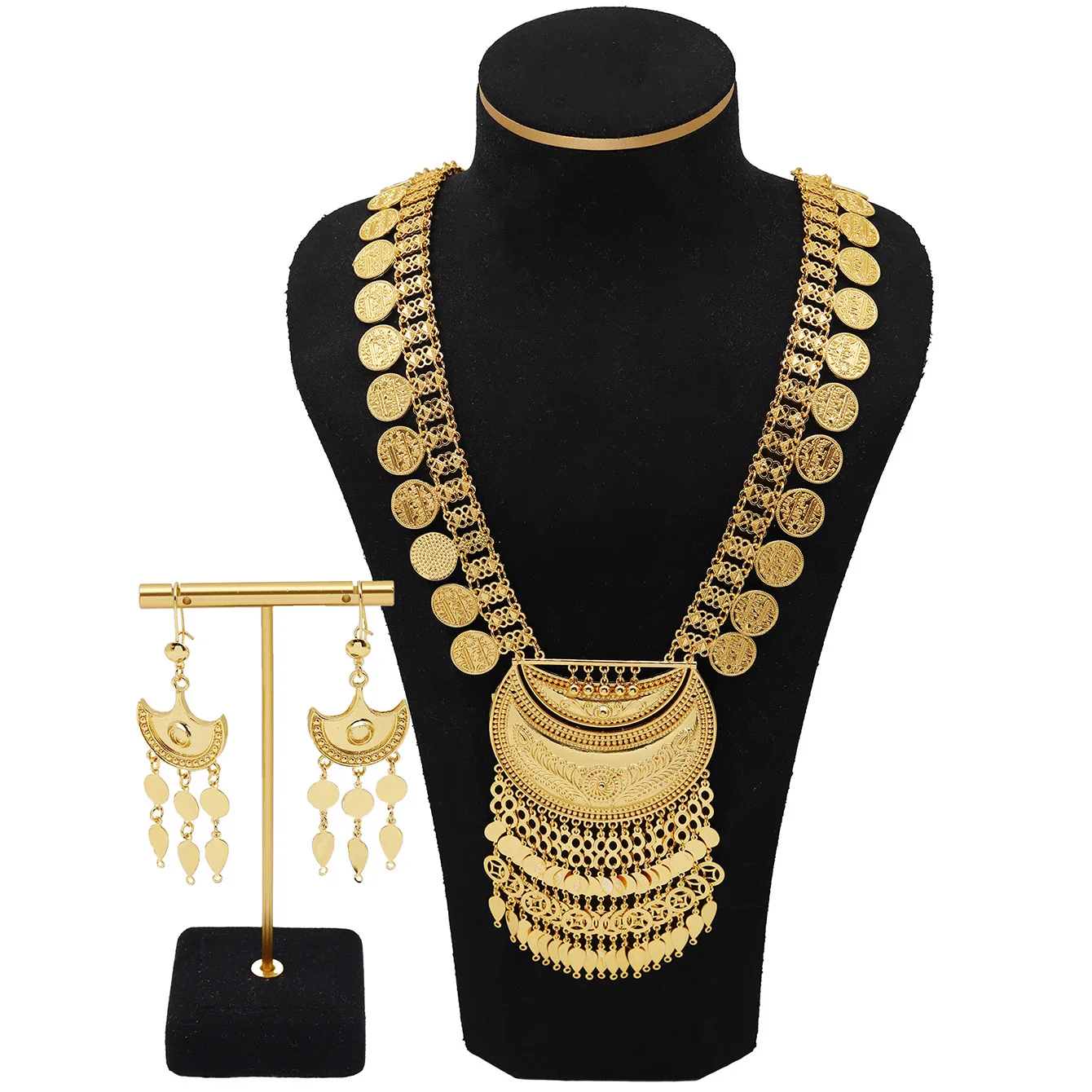 

Plated 24K Gold Coin Necklace Earrings Set Bride Wedding Jewelry