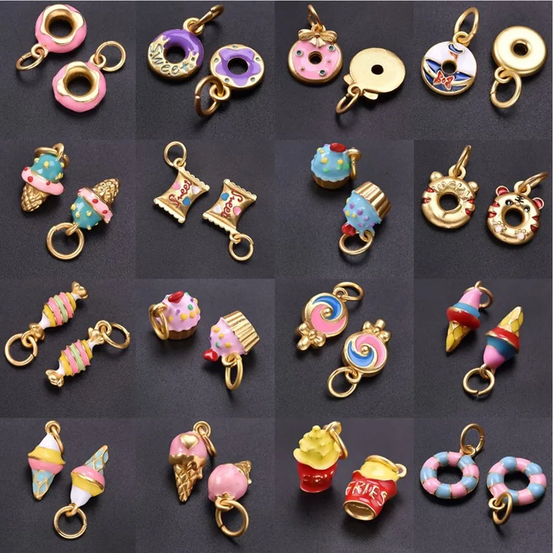 5pcs/Lot Retail Girl Accessories Food Ice Cream Cake Enamel Charms For Jewelry Making Supplies Candy Pendant Chinese Gold Color