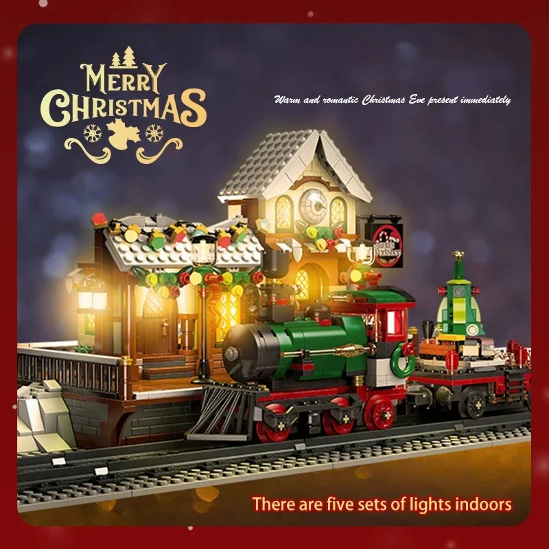 Street View Series Winter Train Station Building Block City Christmas Rail Train Model Bricks Toys For Kid Gift MOC With LED