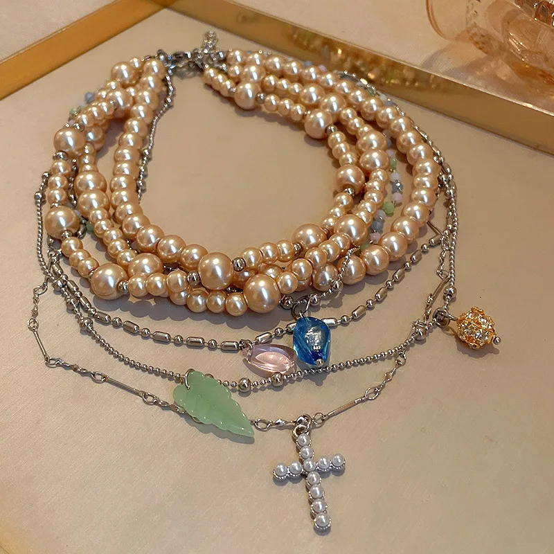 Multi-layer Irregular Pearl Crystal Cross Pendant Necklace,Two-piece Set Ethnic Style Choker Vintage Collar