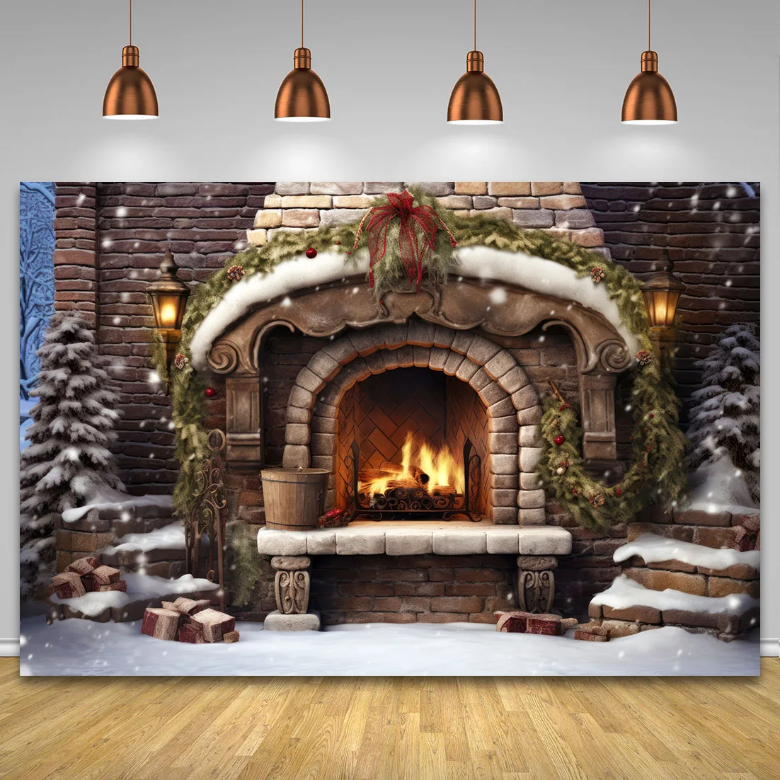 Christmas Photography Backdrop Traditional Stone Fireplace Xmas Trees Kids Family Baby New Year Party Decor Photo Background