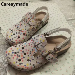 Careaymade-Summer new Genuine leather sandals hole shoes,exclusive suede cowhide print two on toe cork flat bottomed Boken shoes