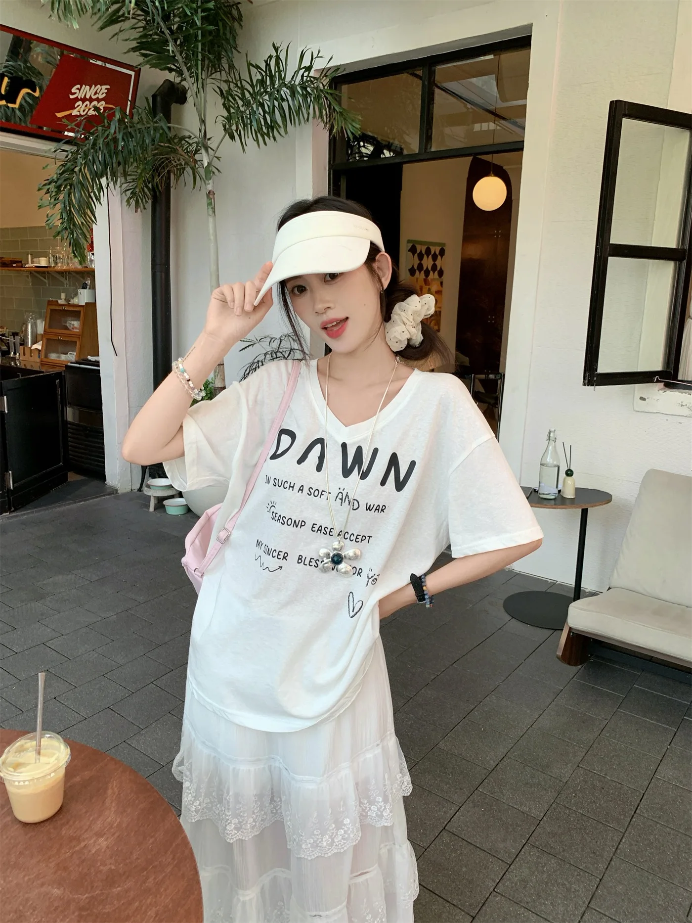 

Kumikumi Lazy Style White Letter Print V-Neck T-Shirt Women's Summer Cake Skirt Half Skirt Long Skirt Two-Piece Set