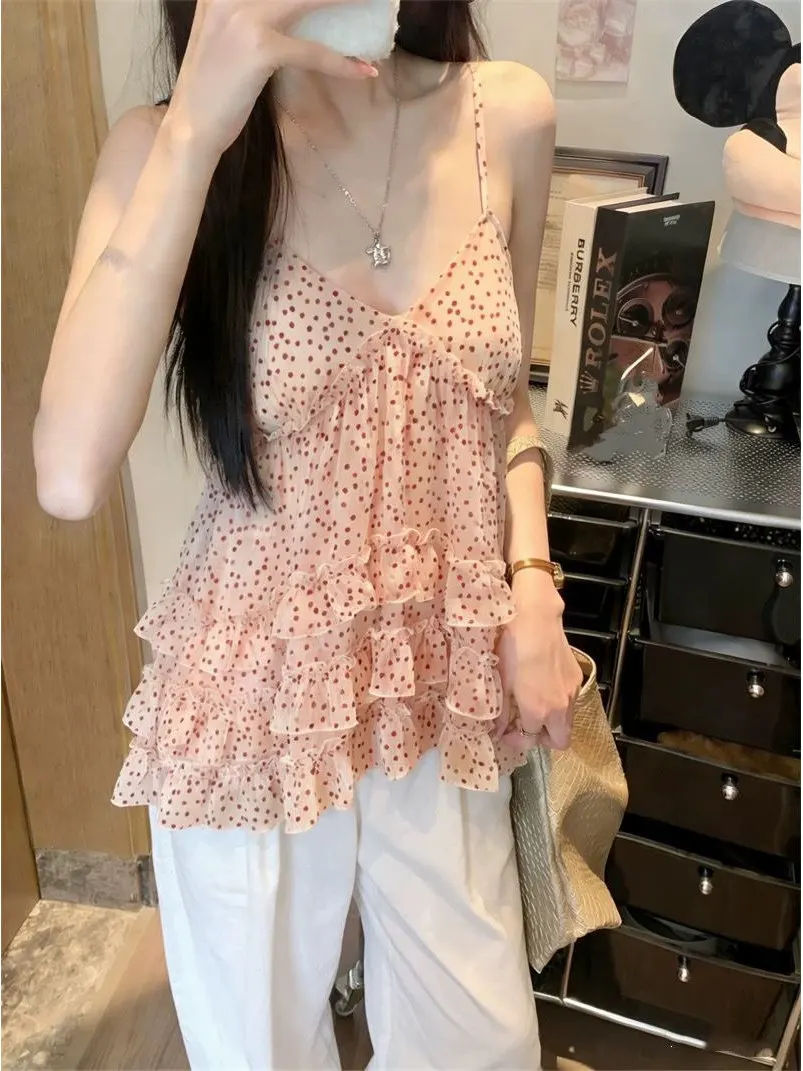 Delicate Polka Dot Strap Vest Women's Summer Slimming Design Sensation Small Top V-neck Short Length Polka Dot Print